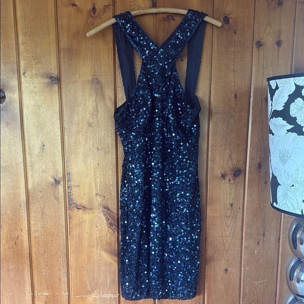Vintage 90s Navy Sequin Formal Halter Crisscross neckline Dress